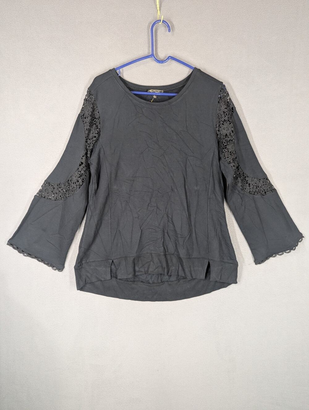 DG2 Diane Gilman Large Shirt Top Black Tunic Lace Trim Long Sleeve Womens